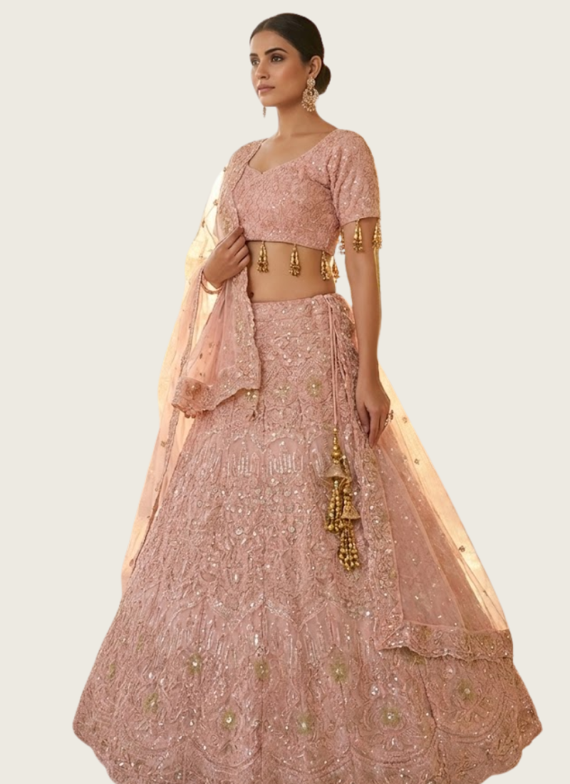 Pink Faux Georgette Bridal Lehenga Choli with Sequins & Dori Embroidery + Net Dupatta