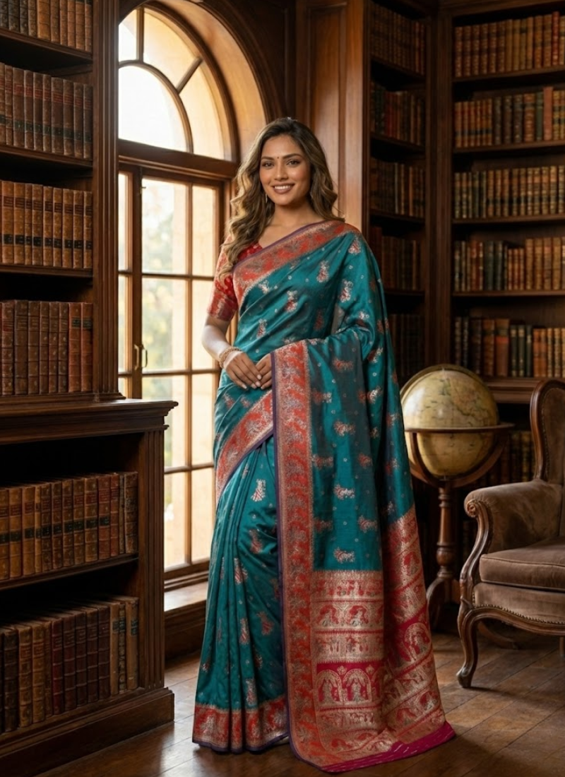 Sharnachura Silk Saree – Sea Green Zari with Blouse Piece