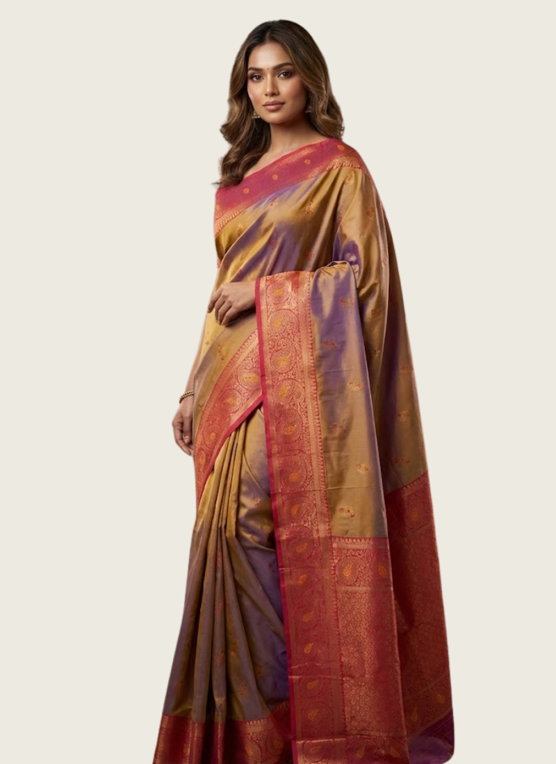 Bronze Gold Katan Silk Saree – Dual Tone