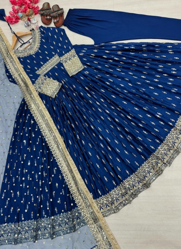 Heavy Chinon Silk Gown Set with Butterfly Net Dupatta