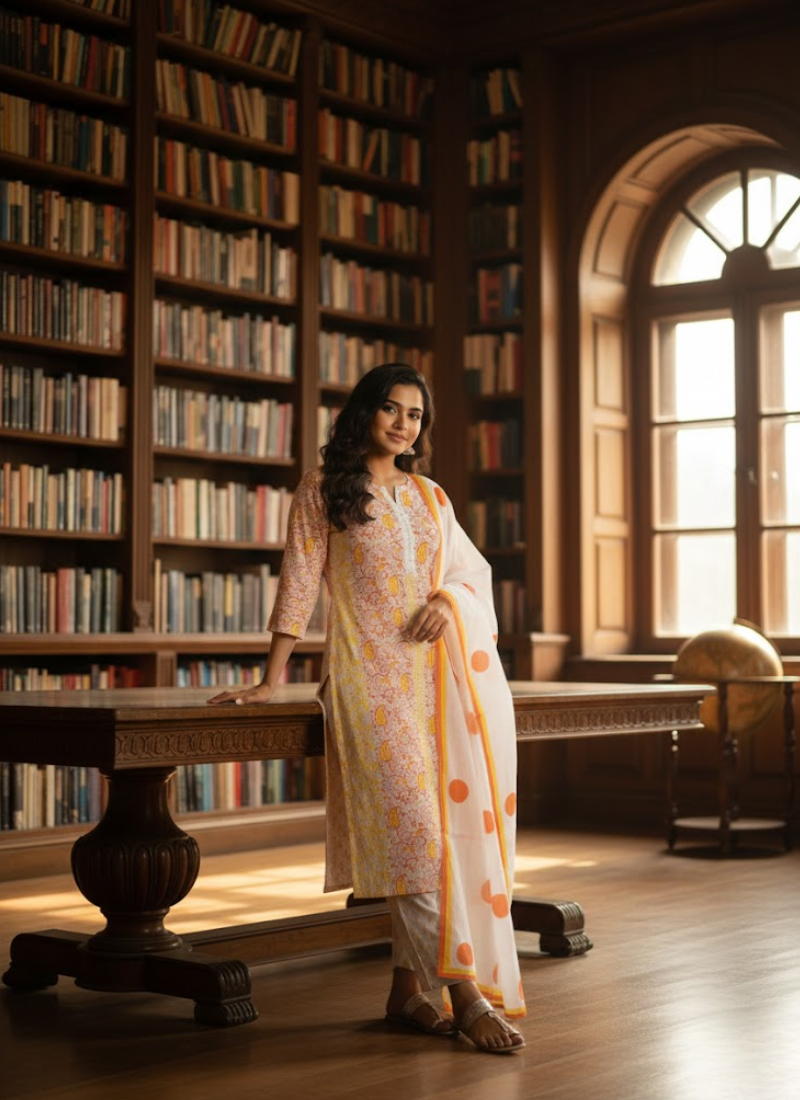 Cotton Block Printed Salwar Suit – White & Orange