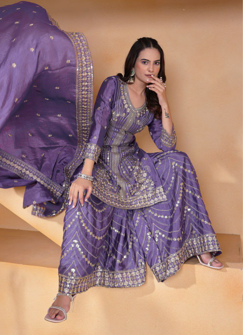 Sharara Suit in Chinon with Sequins Embroidery Work + Dupatta