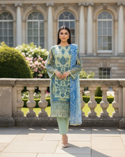 Green & Blue Organza Salwar Suit – Floral Print & Pipe Work 1