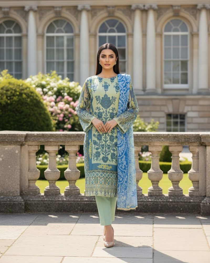 Green & Blue Organza Salwar Suit – Floral Print & Pipe Work