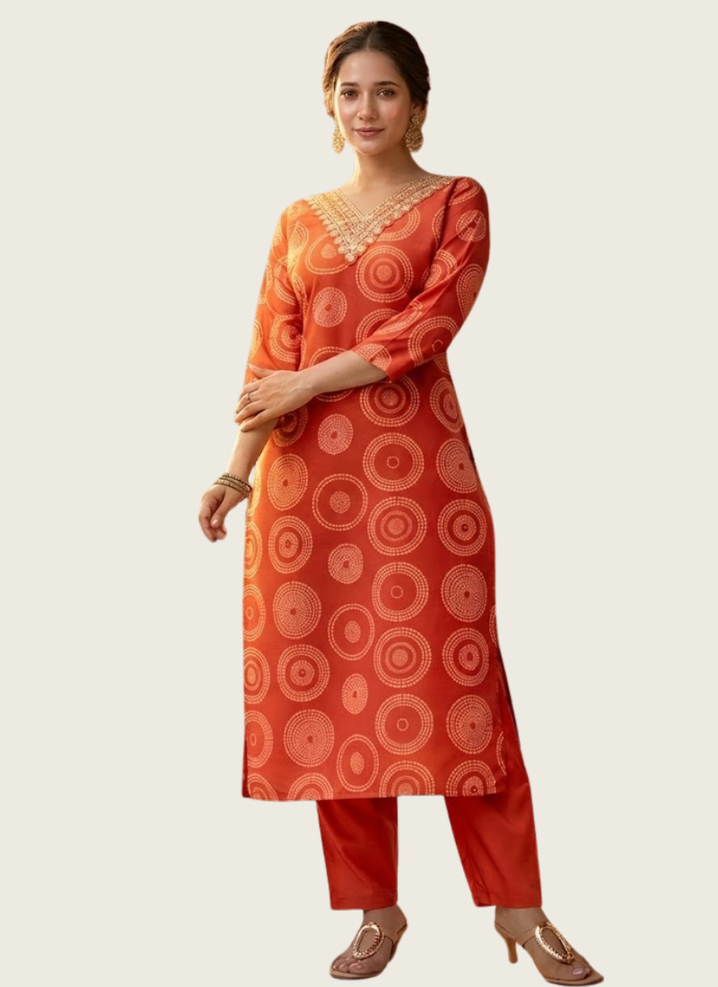 Orange Rayon Punjabi Suit with Embroidery & Taby Dupatta | Online store 