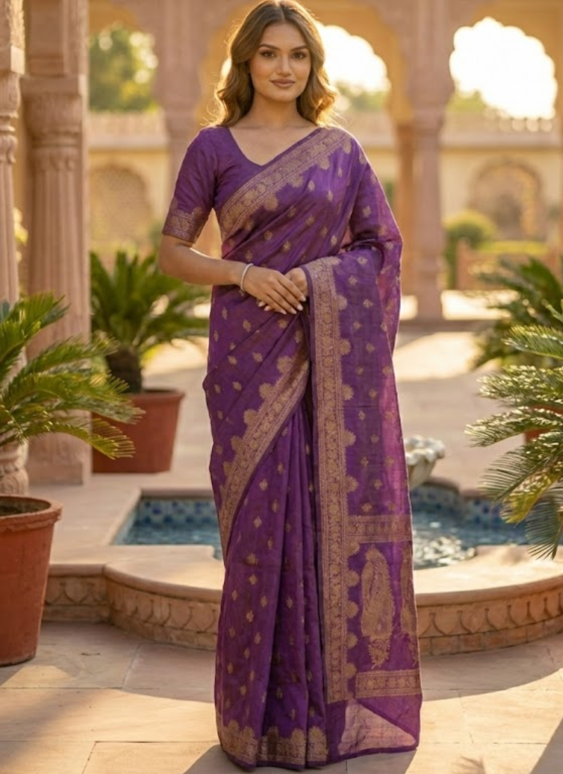 Rich Vibrant Purple Katan Silk Saree with Blouse