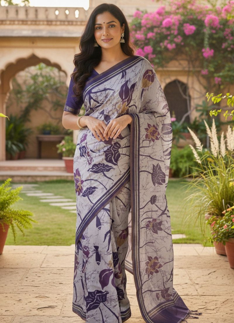 Dhanwari Silk Saree with Floral Print & Zari Border + Contrast Blouse