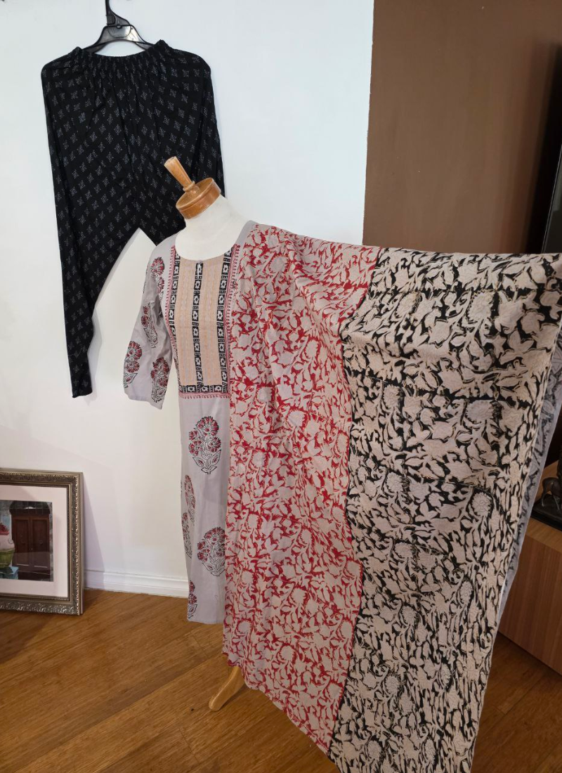 Cotton Block Printed Salwar Suit – Ash & Red
