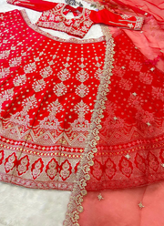 Red Malai Satin Bridal Lehenga Choli with Sequins Embroidery + Organza Silk Dupatta 7
