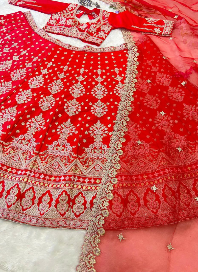 Red Malai Satin Bridal Lehenga Choli with Sequins Embroidery + Organza Silk Dupatta