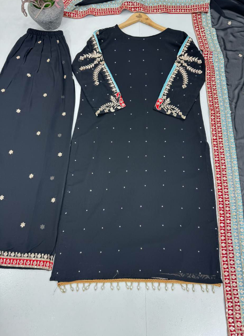 Black Georgette Shalwar Kameez with Sequins & Pearl Mirror Work + Dupatta
