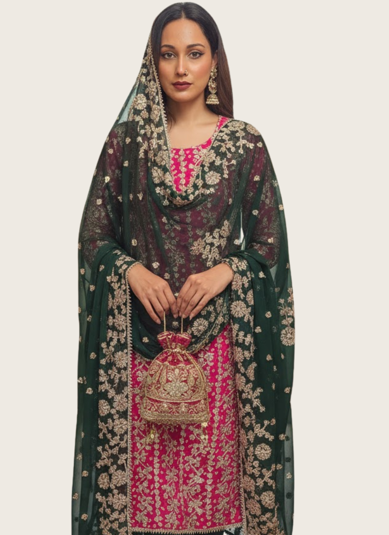 Pakistani Bandhini Chiffon Suit – Pink & Green Gota Patti Elegance