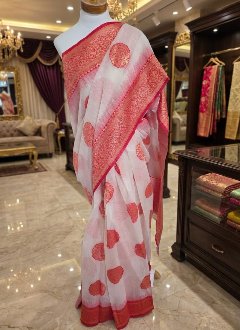 Assam Silk Saree with Blouse Piece – White & Red Zari