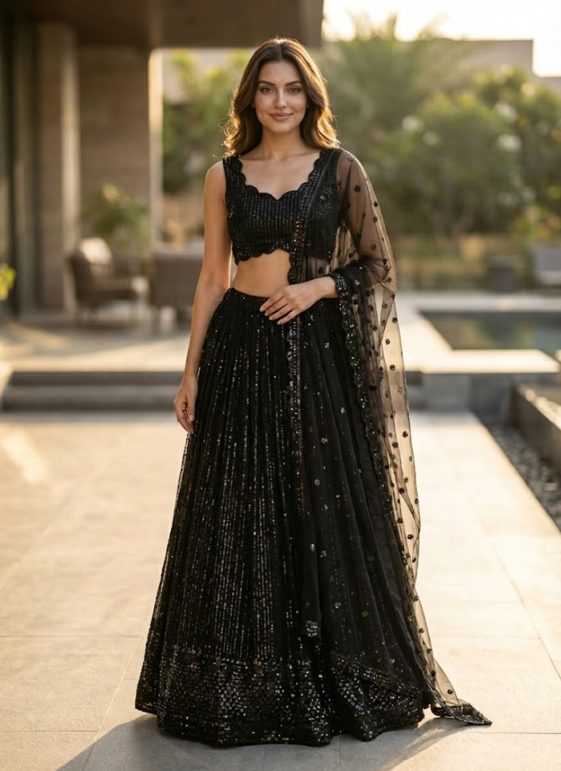 Premium Faux Georgette Cocktail Lehenga Choli with Thread & Sequins Embroidery + Net Dupatta