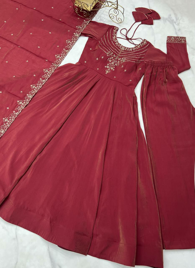 Roman Shimmer Chanderi Silk Anarkali Suit with Beads Work & Dupatta