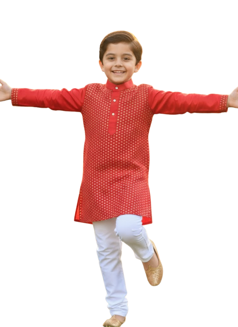 Kids Kurta Pajama – Red Silk Kurta with White Cotton Pyjama
