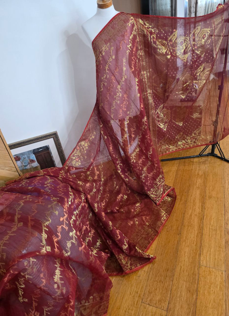 Dark Maroon Jamdani Saree with Mari Thread Work