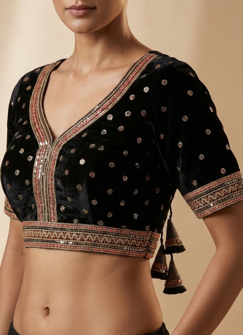 Statement wedding blouse in velvet with heavy stitching, glitter sequence embroidery, and traditional detailing.