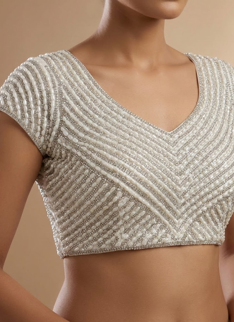 Luxury bridal blouse with handcrafted pearl and bead detailing, padded fit, and cotton lining.