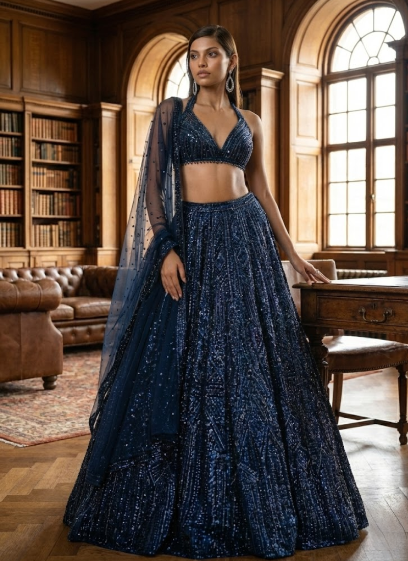 Net Lehenga Choli with Sequins & Dori Embroidery + Dupatta