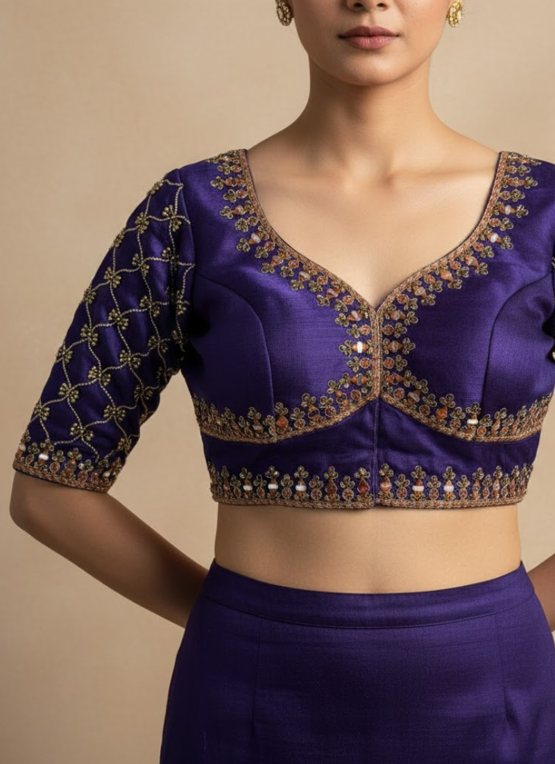 Italian Silk Women’s Blouse with Jari, Sequins & Beads Work (Front‑Open Design)