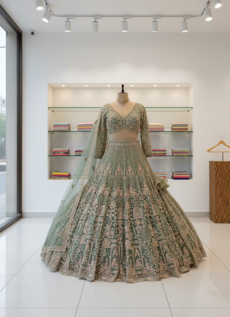 Premium Net Lehenga with Sequins Coding Work & Dupatta – Semi Stitched