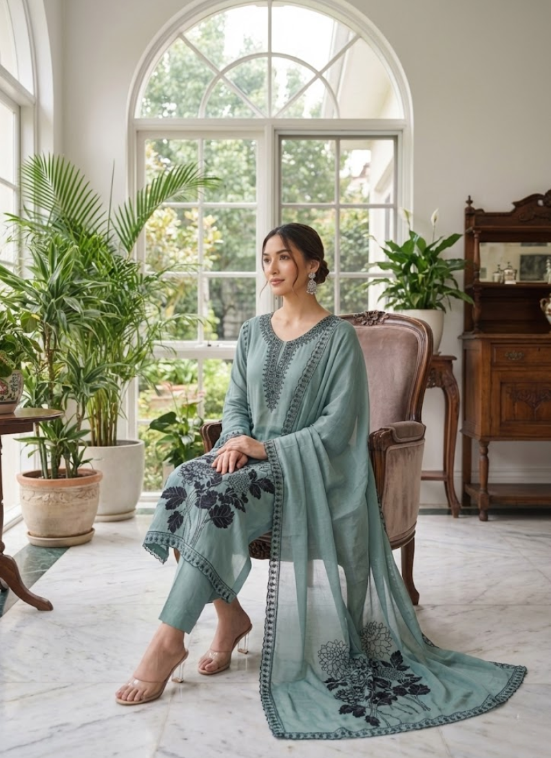 Pest Color Maslin Salwar Suit with Black Thread Embroidery