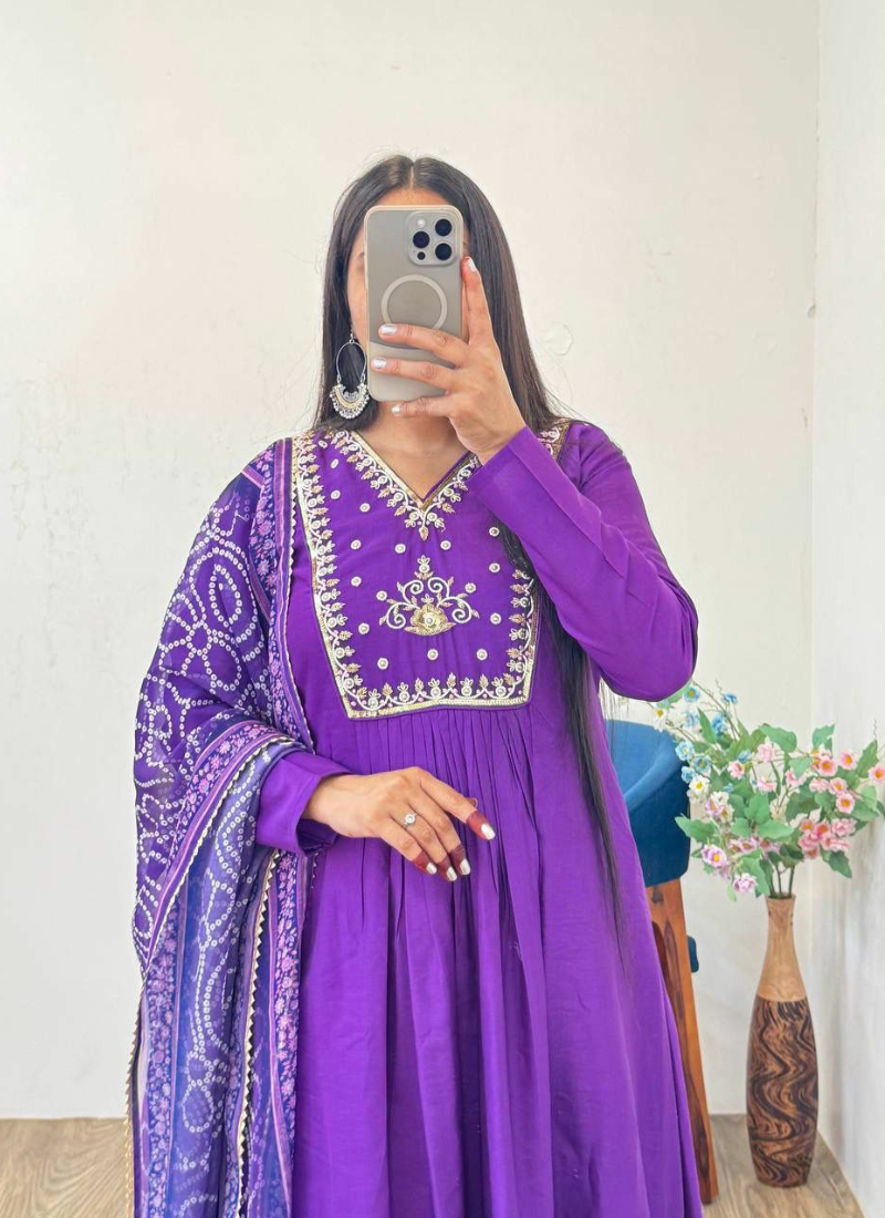 Dark Wine Chanderi Cotton Anarkali Gown with Taby Silk Dupatta