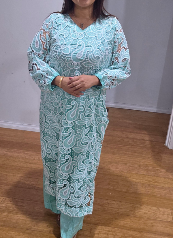 Dark Pest Silk Chikankari Co‑Ord Set with Divider Bottom