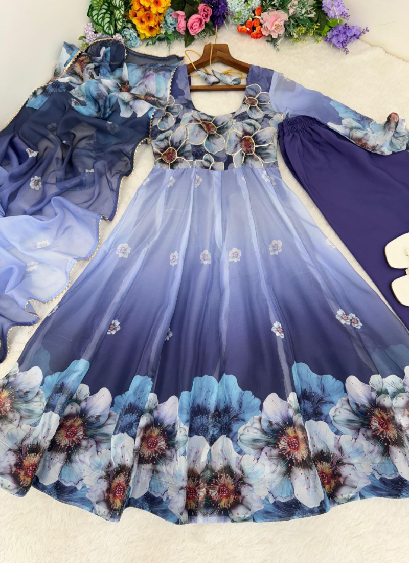 Organza Silk Anarkali Dress with Digital Print & Golden Lace Dupatta
