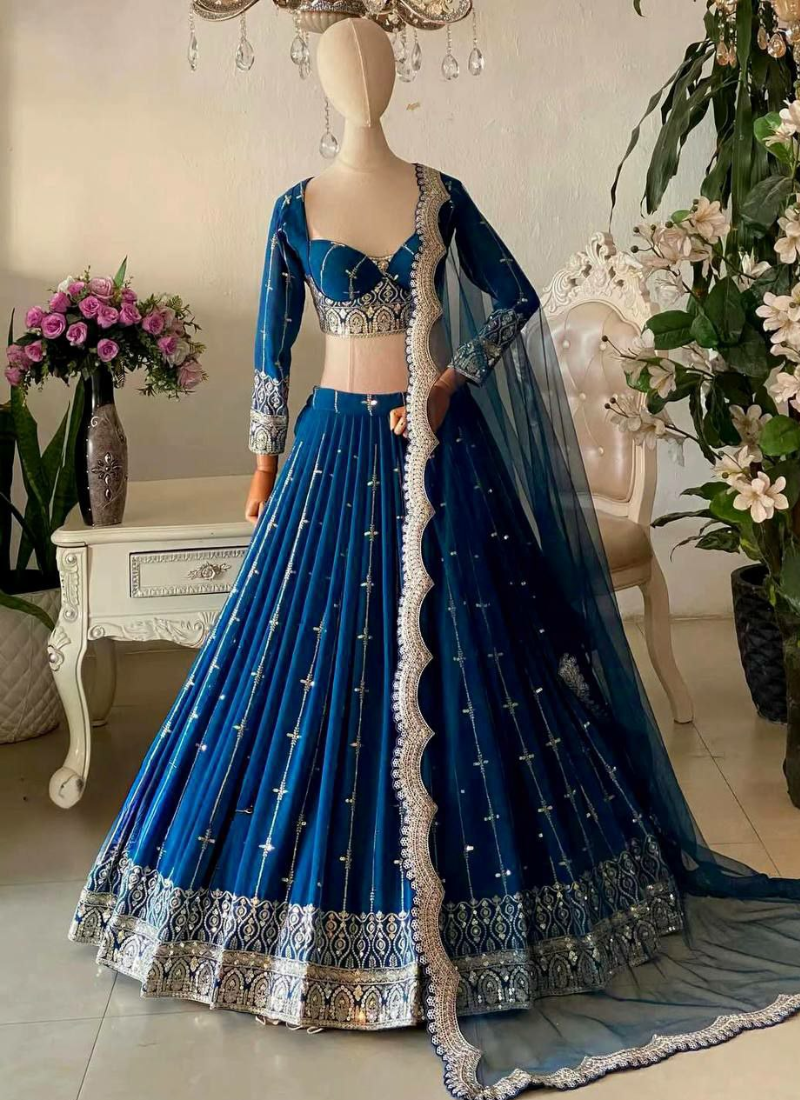 Royal Blue Faux Georgette Lehenga Choli with Thread & Sequins Embroidery + Net Dupatta