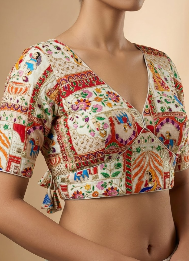 Statement partywear blouse in velvet with heavy stitching, half sleeves, and stylish detailing.