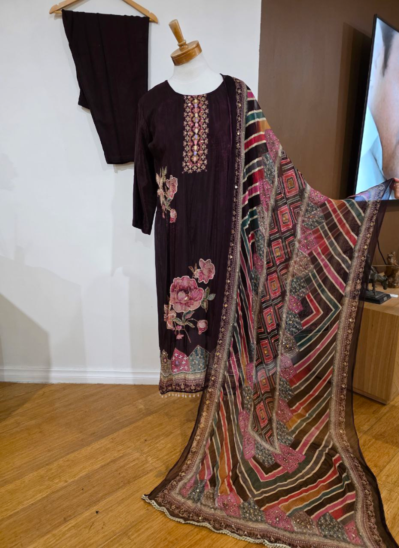 Silk Salwar Suit – Hand Embroidery with Chiffon Dupatta