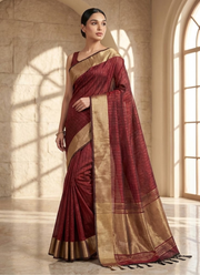 Plum Banarasi Silk Saree with Zari Weaving, Border & Pallu + Blouse Piece 2
