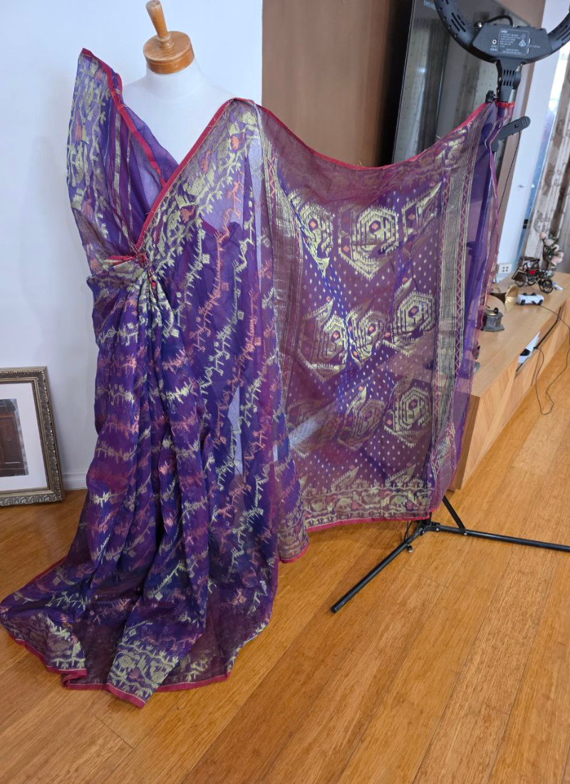 Dark Purple Jamdani Saree with Mari’s Thread Work