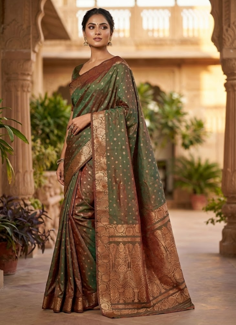 Green Katan Silk Saree with Zari and Blouse Piece