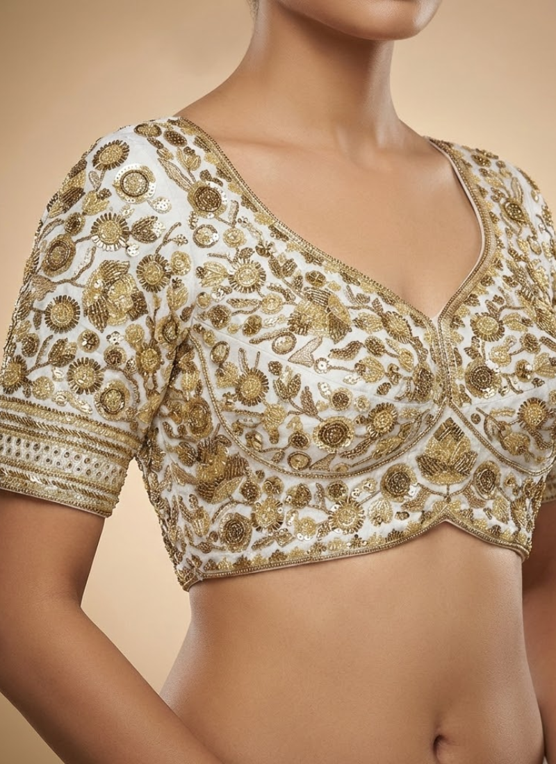 Luxury bridal blouse with Jari, sequence and beads detailing, back open style, padded fit, available in 12 colors.