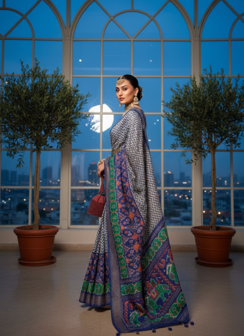 Blue-Green Patoka Saree – Silver Border & Elephant Pallu