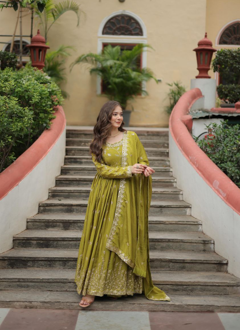Parrot Green Anarkali Gown in Chinon with Sequins Embroidery + Sharara & Dupatta