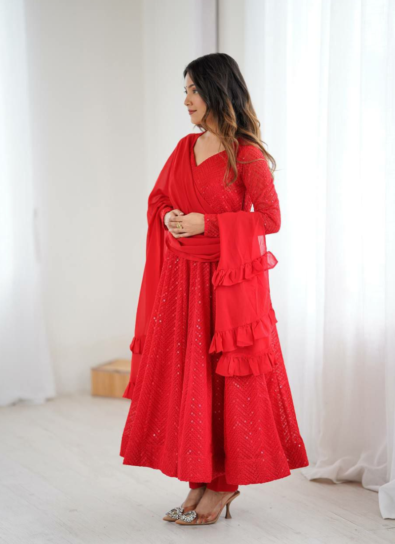 Red Fox Georgette Anarkali Suit with Sequins Work & Ruffle Dupatta