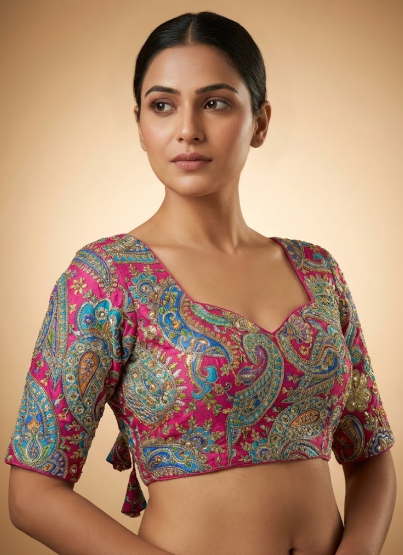 Crape Silk Women’s Blouse with Heavy Position Work & Back‑Open Design