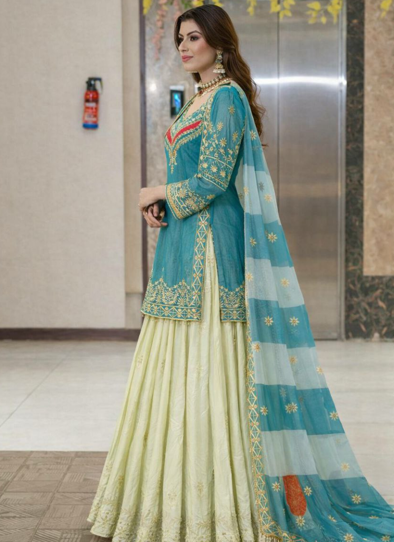 Crunchy Silk Sharara Suit with Heavy Sequins Embroidery + Dupatta