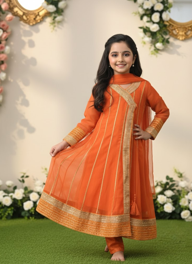 Orange Chiffon Kids Anarkali Dress – Angrakha Style