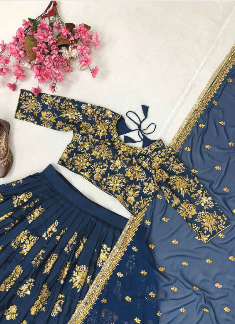 Heavy Chinon Silk Lehenga Choli with Sequins & Zari Embroidery + Lace Dupatta