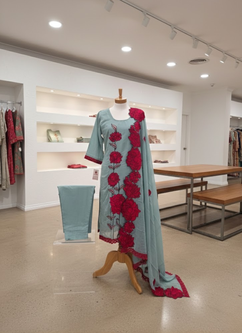 Blue Silk Organza Salwar Kameez with Floral Embroidery Dupatta