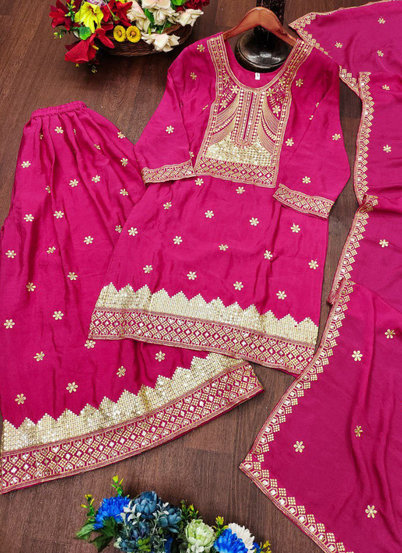 Sharara Suit in Chinon with Sequins Embroidery Work + Dupatta - View 8