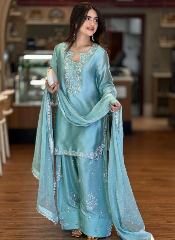 Roman Silk Palazzo Set with Organza Dupatta