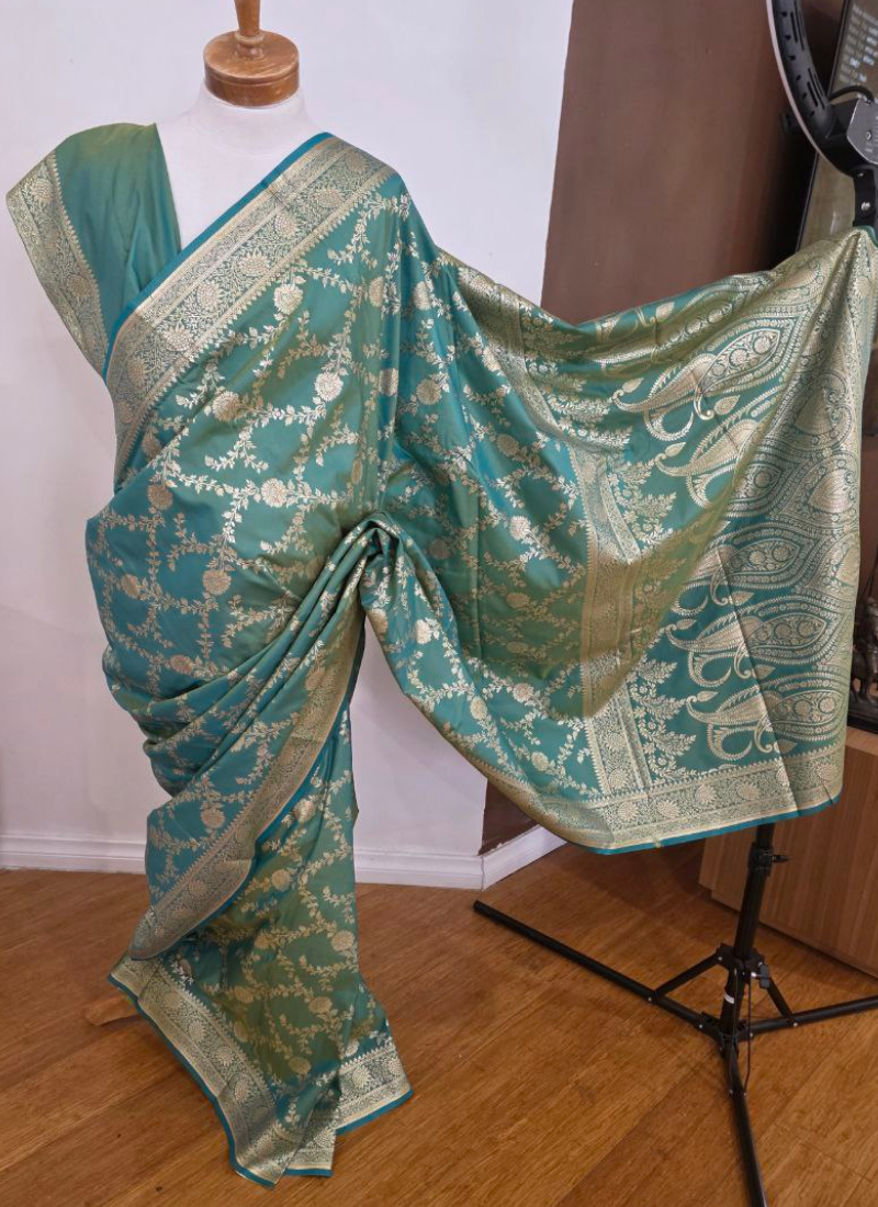Dual Shaded Green & Gold Katan Silk Saree with Blouse