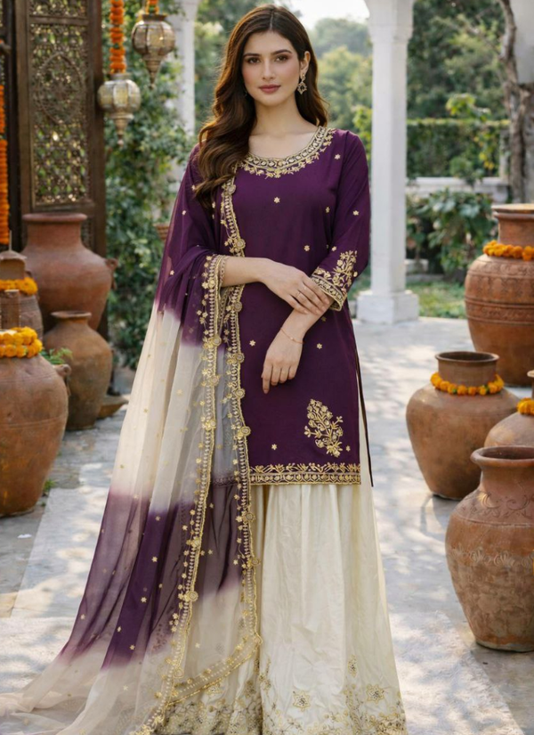 French Crepe Salwar Suit with Organza Dupatta
