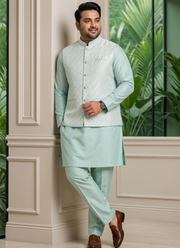 Indian Silk Kurta Pant Set with Jacquard Koti For Men 4